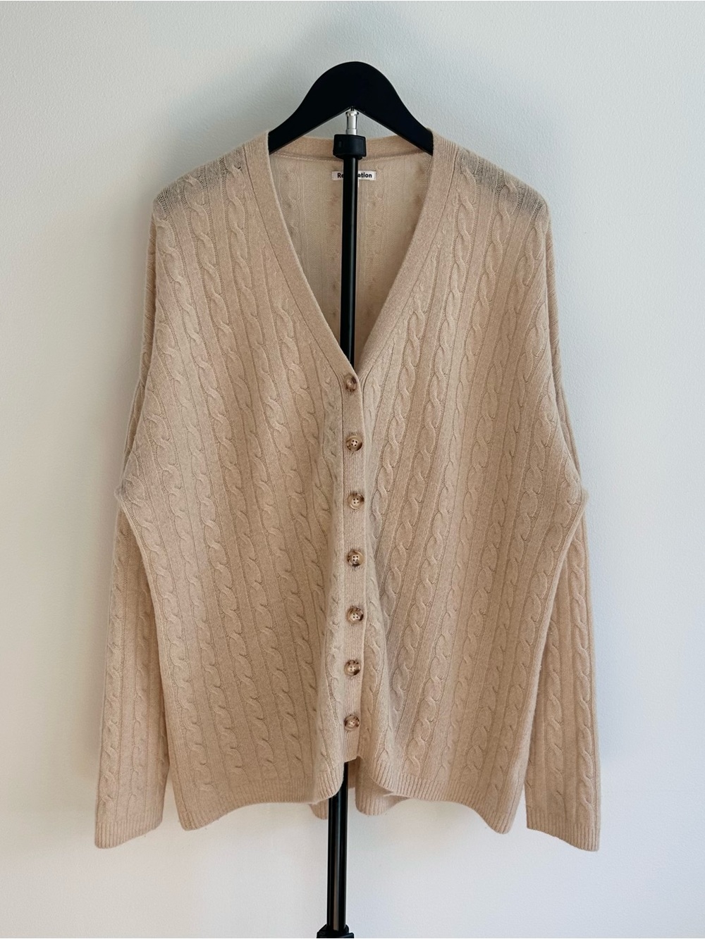 Reformation Giusta V-Neck Cable Knit Oversized Cream Cashmere Cardigan Size S